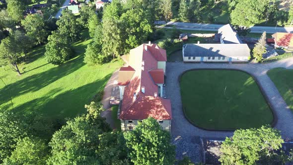 Aerial View of the  Durbe Manor Castle, Tukums, Latvia. Old Mansion of Former Russian Empire.  alt