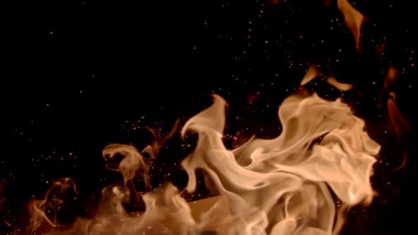 Fire Flames and Sparks in Super Slow Motion Isolated on Black Shooting with High Speed Cinema Camera