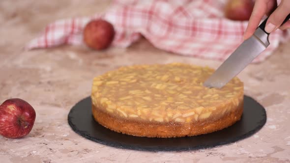 Cutting a Homemade Organic Apple Pie Dessert Ready to Eat