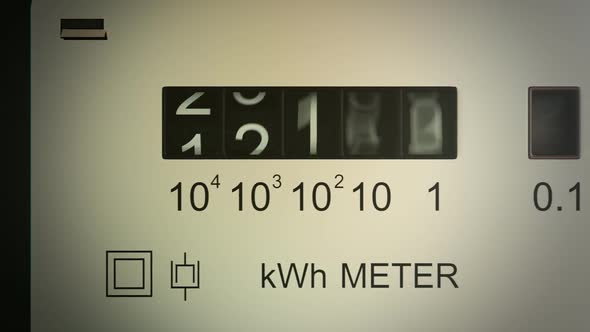 Analog electricity meter showing household consumption in kilowatt hours. alt