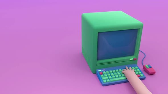 3d render, 3d motion. Computer with keyboard, mouse and hand on keys. alt