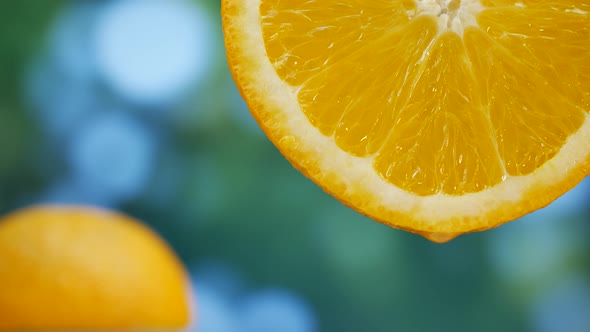 Juice Drops Flows Down on Orange Fruit in Garden alt