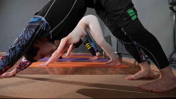People in Tracksuits Stand in Yoga DownwardFacing Dog Pose alt