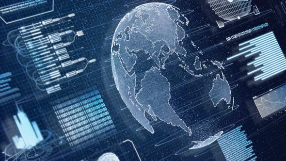 3D Blue digital HUD Earth world information scanning hologram user interface background alt