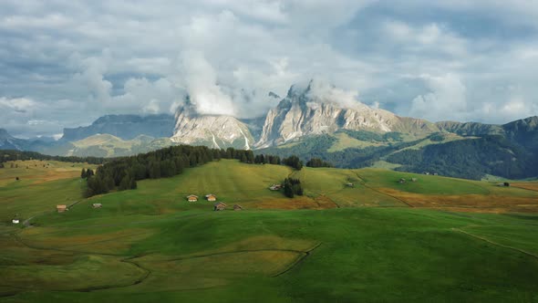 Alpe Di Suisi Dolomites Italy Aerial Drone View of Alpine Meadow at Idyllic Seiser Alm Valley with alt