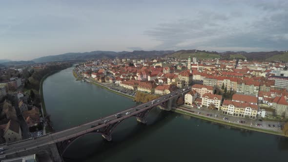 Aerial view of Old Bridge on Drava River, Maribor alt