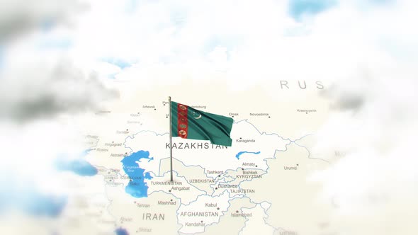 Turkmenistan Map And Flag With Clouds