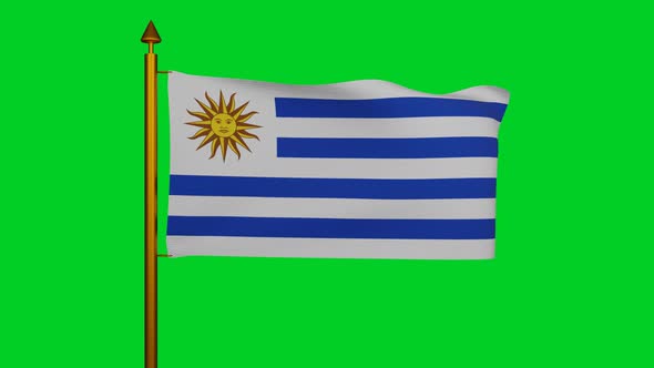 National flag of Uruguay waving with flagpole on chroma key, Oriental Republic Uruguay flag textile alt