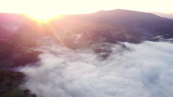 Sunrise  Misty a Cloud Inversion in a Rural Valley in Mountain Rural Landscape