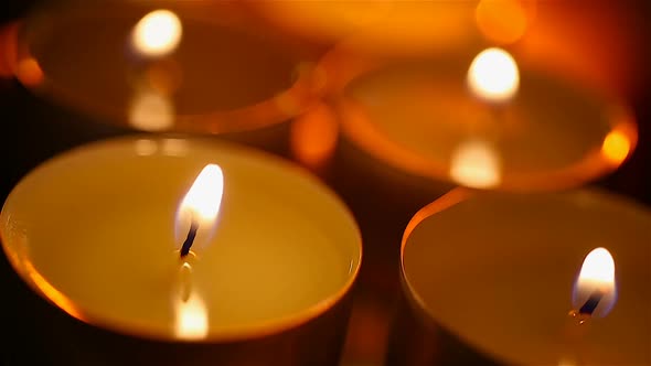 Beautiful Burning Candles Standing on Table in Spa Salon, Time for Relaxation alt