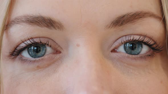 Closeup Blue Clear Female Eyes with Long Lashes with Mascara Natural Makeup Vision Problems Good alt