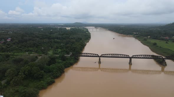 Aerial view of Forest, Railway bridge and River in Kelantan