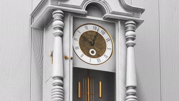 Beautiful white wooden luxurious vintage clock hanging on a bright wall. 4KHD alt