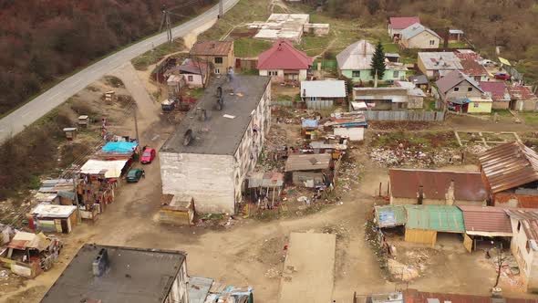 Aerial view of a Roma settlement in the village of Jasov in Slovakia