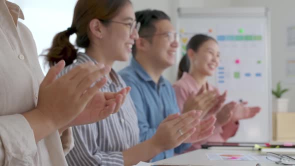 Asian meeting success business woman applause clapping presentation.