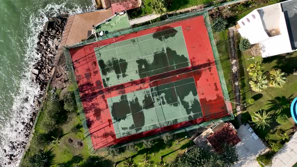 Tennis courts by the sea aerıal vıew 4 K Alanaya Turkey alt