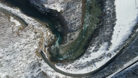 Flying Over the Transparent Winter Mountain River Moraca, Montenegro