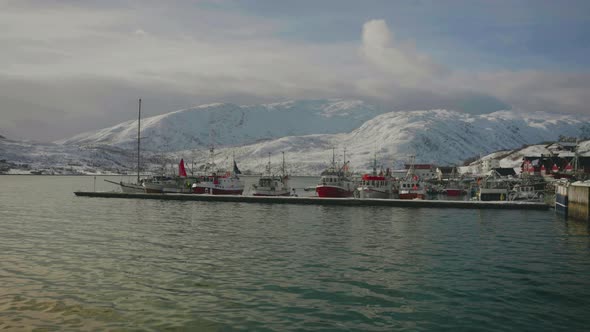 Cod Fishing Boats Docked At The Harbour In Tromso, Norway With Snowy Landscape In Background. wide alt