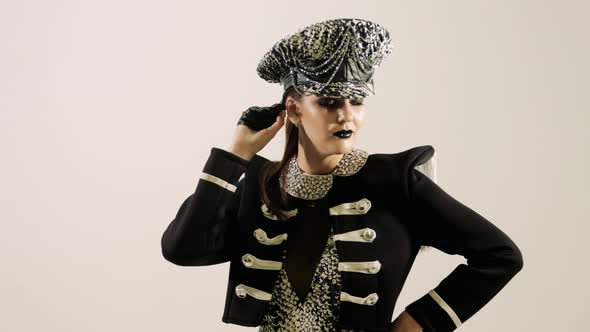 Glamour Fashion Show Young Girl Model in Black Exclusive Clothes alt