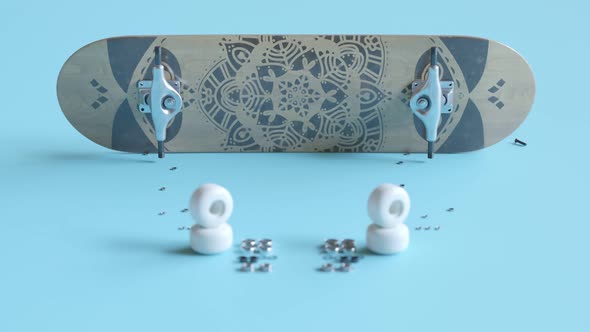 Skateboard assembly process. Elements of the board combining in order. Render 4k alt