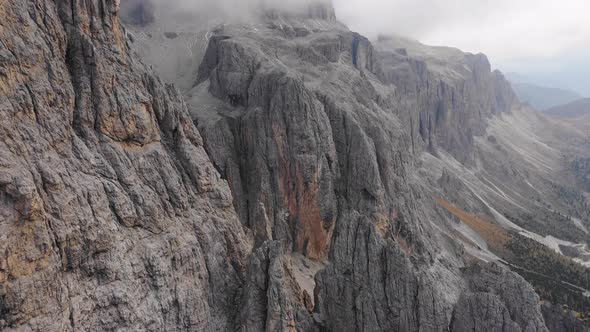 Aerial View of the Paso Gardena Pass in the Province of Bolzano. Dolomites. Flying Near the Sella