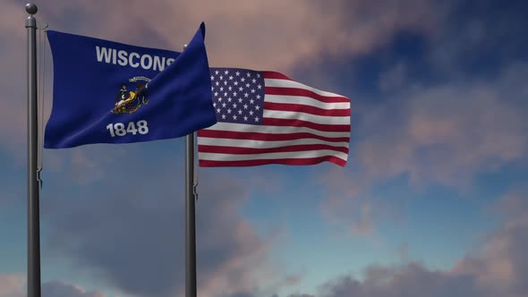 Wisconsin State Flag Waving Along With The National Flag Of The USA - 2K alt