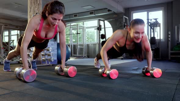 Two Women Do push-UPS From Dumbbells in the Gym. Concept of Fitness, Training, Women's Power