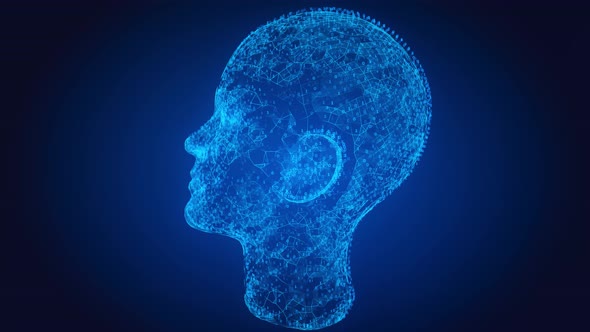 3D Visual Representation of Artificial Intelligence As a Human Holographic Men Head alt