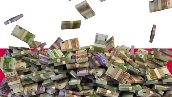 Euro Banknotes falling in front of flag of Poland alt