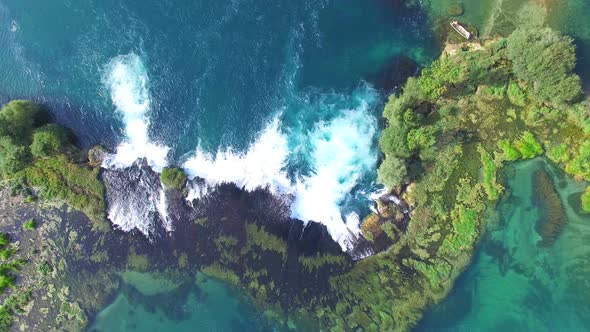 Flying above national park of Una river and its clear waterfalls, Bosnia alt