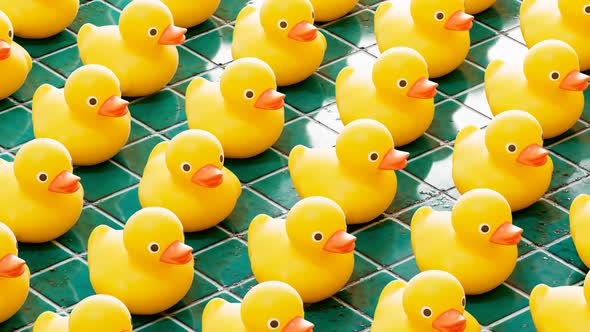 Rubber ducks for fun in the bath. Cute yellow toys are jumping in one direction. alt