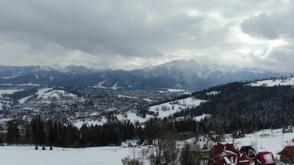 Aerial view of Zakopane town in Tatra Mountains, Poland (winter time) alt