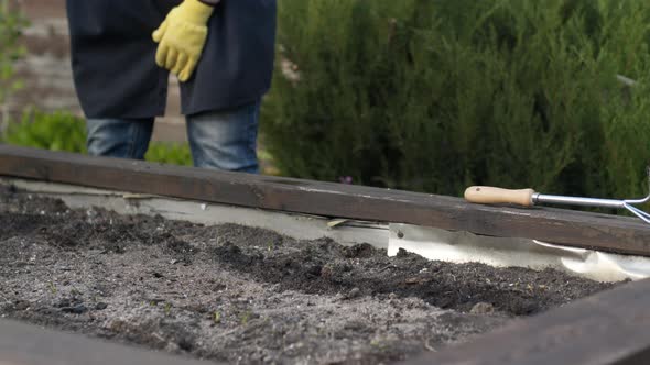Close Up Female Gardener Working in Garden, Watering Bed with Planted Seeds alt