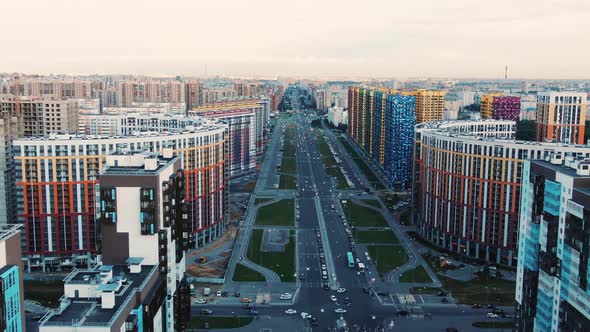 Motion Over Wide City Avenue with Skyscrapers Bird Eye View alt