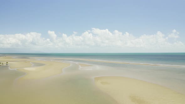 Aerial, Low Tide And Huge Sand Ocean Bed In Queensland Australia