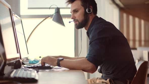 Salesman Remote Workplace Camera Chatting On Colleagues. Digital Sales Manager Consulting Client. alt