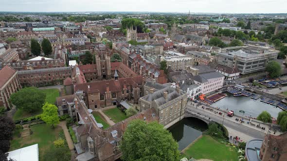 Queens college Cambridge City centre UK pull back reveal drone aerial view alt
