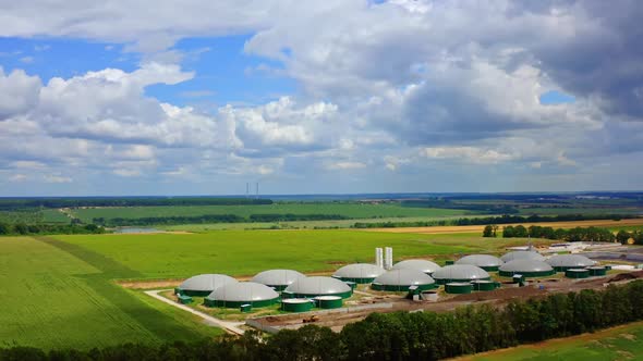 Modern biogas power plant. Storage facility cereals and production of biogas alt