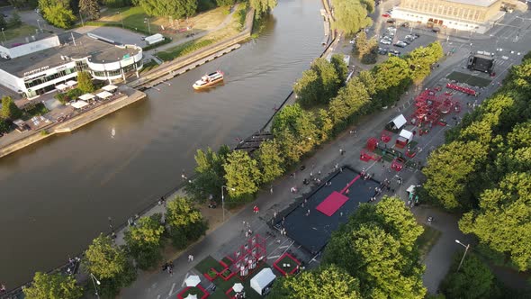 drone shot of car free avenue in tartu, next to emajõgi river, autovabaduse puiestee alt
