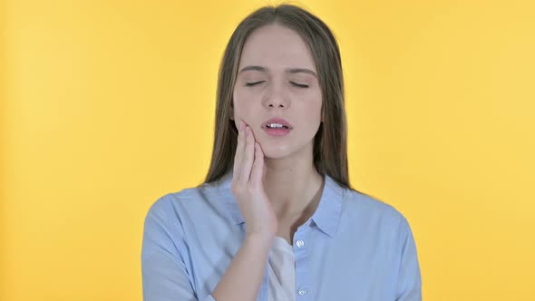 Sick Casual Young Woman Having Toothache, Yellow Background alt