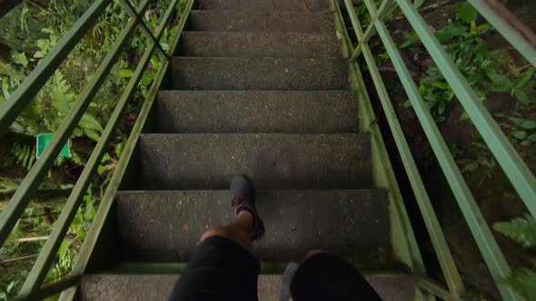 Man walking down steps in the forest alt