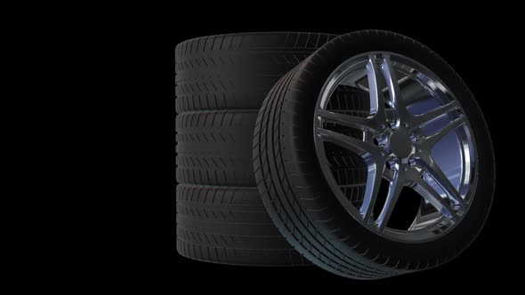 4 car wheels on black background. Car concept animation with wheels