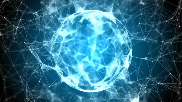 Abstract animated blue energy orb with lines and dots structure ...