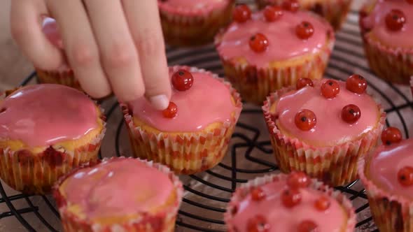 Woman Decorated a Tasty Muffins With Red Currants Berries