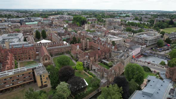 Queens college Cambridge City centre England drone aerial view alt