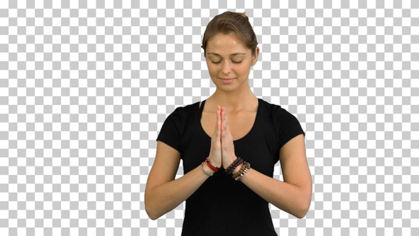 Woman with Namaste Mudra gesture meditating, Alpha Channel