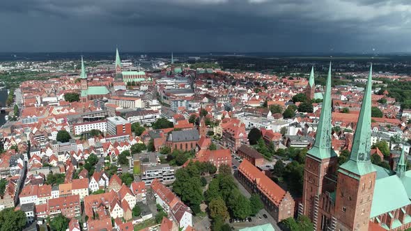 Drone German City Lübeck Old Town Churches 4K 