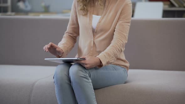 Young Lady Typing and Commenting Pictures of Friends in Social Networks, Gadget alt