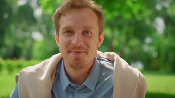 Happy Man Posing on Picnic Close Up alt