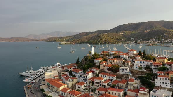 Aerial View of Poros Old Town and Marina or Seaport Greece  Drone Videography alt